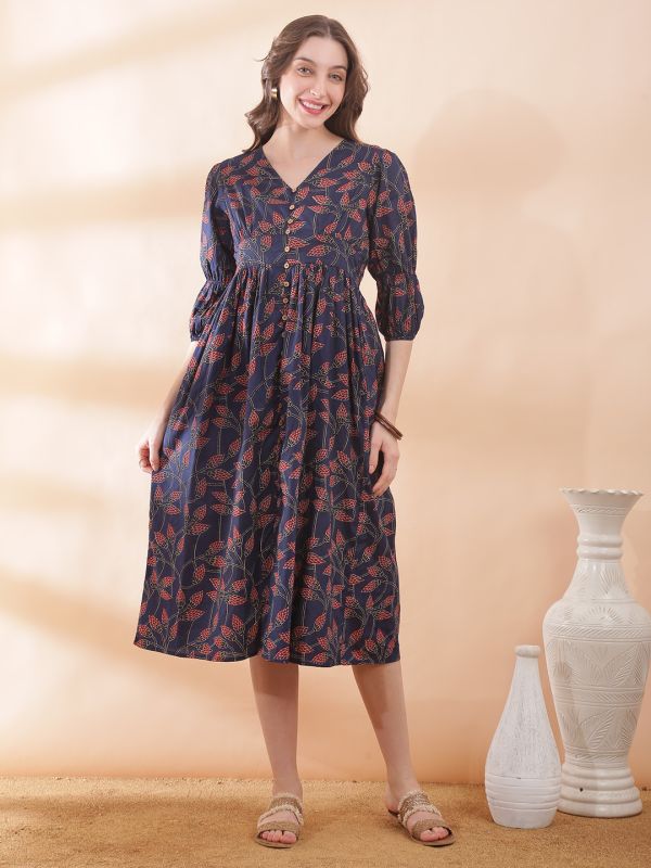 Globus Women Blue V-Neck Floral Print Bishop Sleeve Smocked Detail Fit and Flare Midi Dress