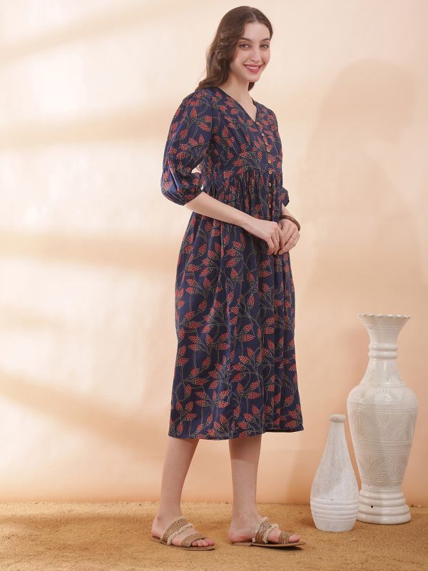 Globus Women Blue V-Neck Floral Print Bishop Sleeve Smocked Detail Fit and Flare Midi Dress