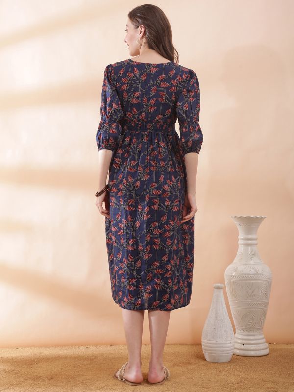 Globus Women Blue V-Neck Floral Print Bishop Sleeve Smocked Detail Fit and Flare Midi Dress