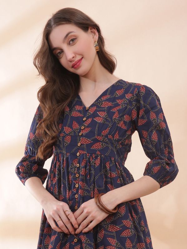 Globus Women Blue V-Neck Floral Print Bishop Sleeve Smocked Detail Fit and Flare Midi Dress