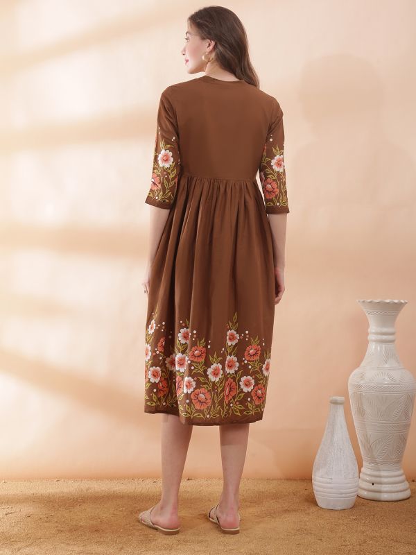 Globus Women Brown Mandarin Collar Floral Print Gathered & Pleated Flared Hem A-Line Midi Dress