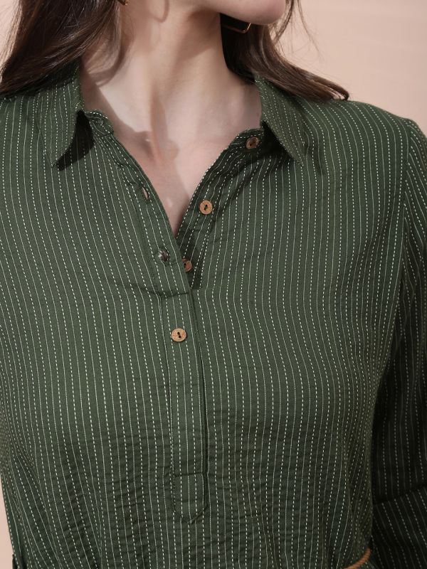 Globus Women Olive Collared Neck Roll-Up Sleeve Thread Work Waist Tie-Ups Shirt Style Midi Workwear Dress