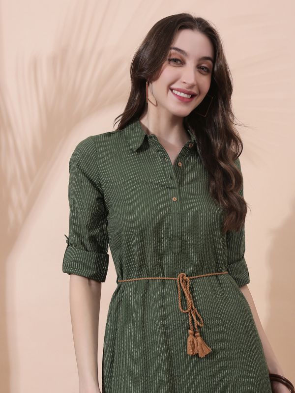 Globus Women Olive Collared Neck Roll-Up Sleeve Thread Work Waist Tie-Ups Shirt Style Midi Workwear Dress