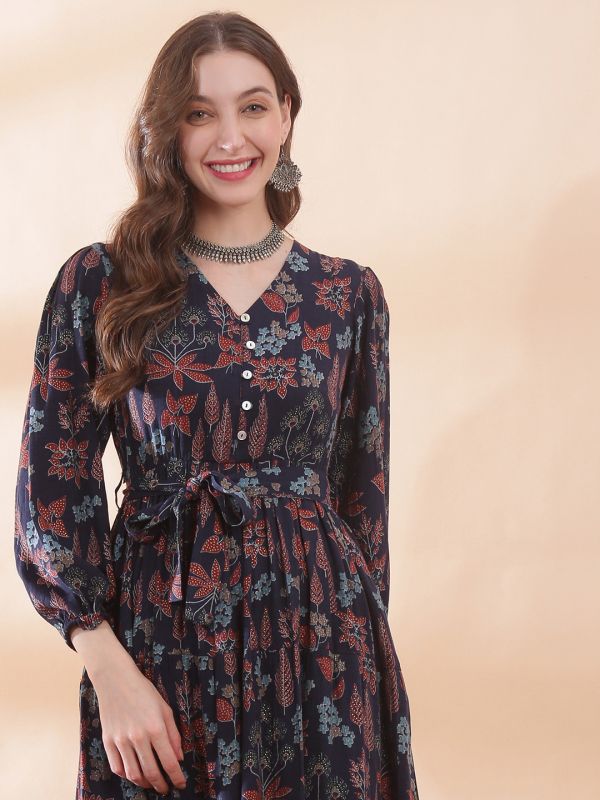 Globus Women Navy Blue V-Neck Bishop Sleeve Floral Print Belted Gathered & Tiered A-Line Maxi Dress