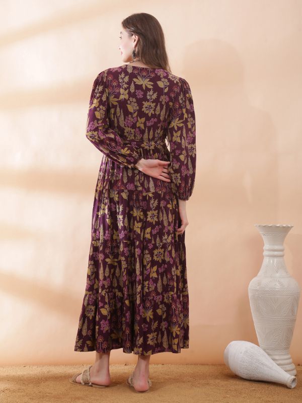 Globus Women Purple V-Neck Bishop Sleeve Floral Print Belted Gathered & Tiered A-Line Maxi Dress