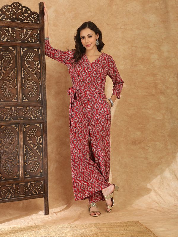 Globus Women Maroon V-Neck Allover Ethnic Print Wide Leg Belted Jumpsuit