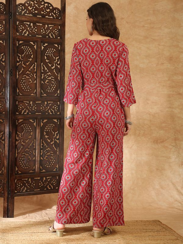 Globus Women Maroon V-Neck Allover Ethnic Print Wide Leg Belted Jumpsuit
