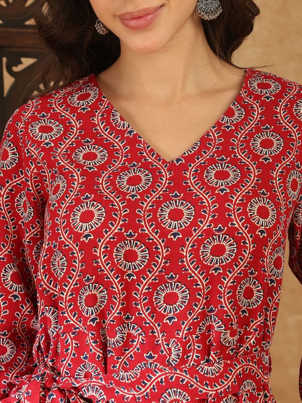 Globus Women Maroon V-Neck Allover Ethnic Print Wide Leg Belted Jumpsuit