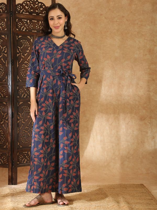 Globus Women Blue V-Neck Allover Floral Print Wide Leg Belted Jumpsuit