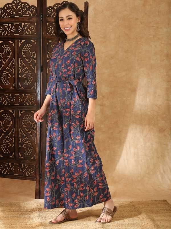Globus Women Blue V-Neck Allover Floral Print Wide Leg Belted Jumpsuit