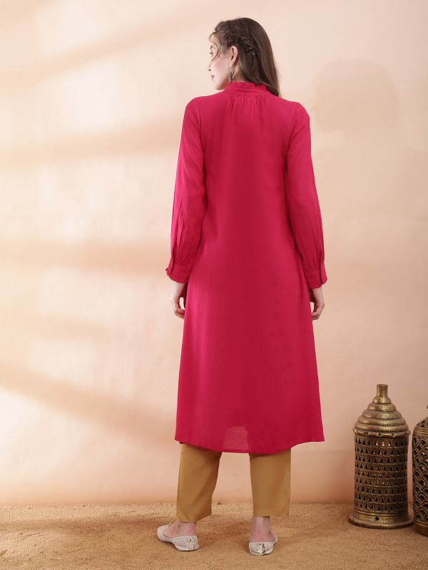Globus Women Pink Frill Band Collar Cuff Sleeves Button Down Front Slit A-Line Kurta 