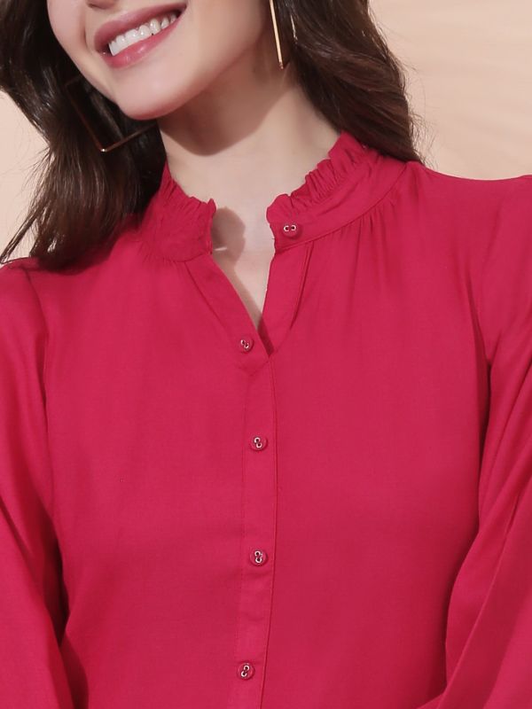 Globus Women Pink Frill Band Collar Cuff Sleeves Button Down Front Slit A-Line Kurta 