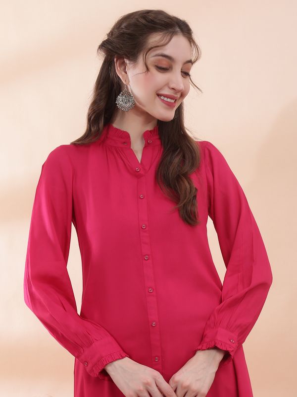 Globus Women Pink Frill Band Collar Cuff Sleeves Button Down Front Slit A-Line Kurta 