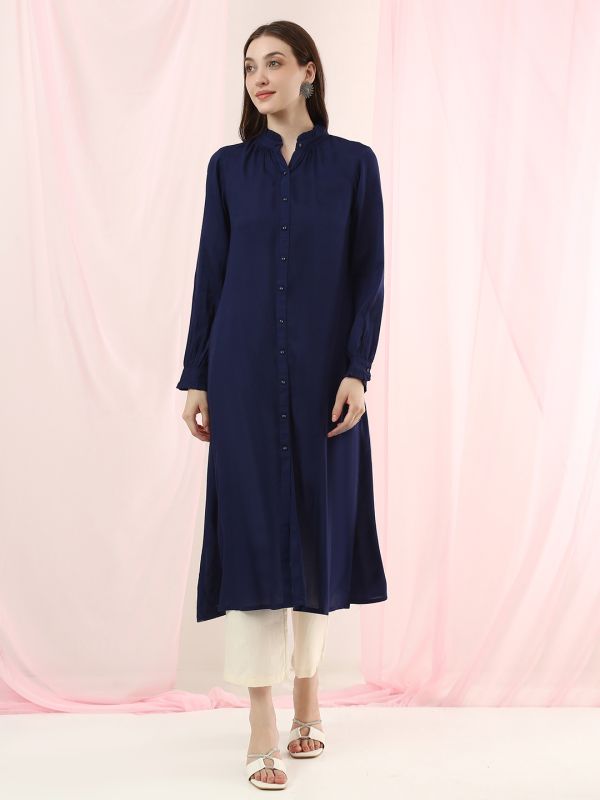 Globus Women Blue Band Collar Cuffed Sleeves Frilled Detail A-Line Shirt Style Kurta