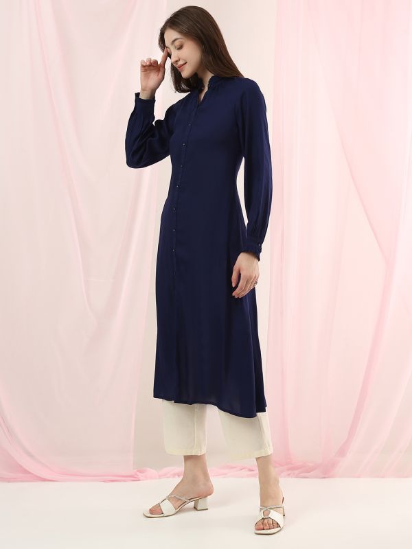 Globus Women Blue Band Collar Cuffed Sleeves Frilled Detail A-Line Shirt Style Kurta