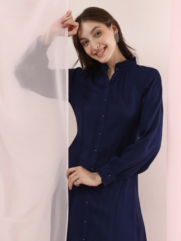 Globus Women Blue Band Collar Cuffed Sleeves Frilled Detail A-Line Shirt Style Kurta