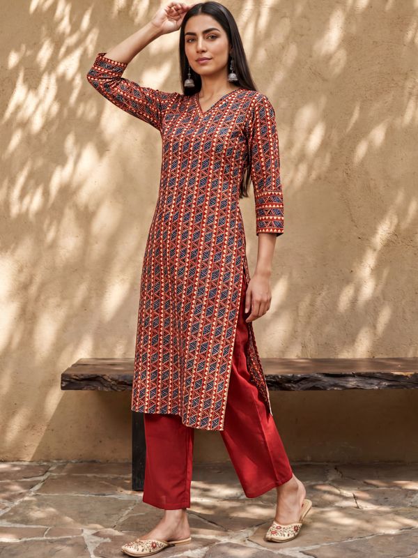 Globus Women Red V-Neck Geometric Print Straight Kurta with Pants Set