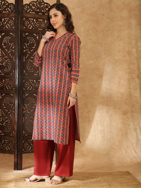 Globus Women Red V-Neck Geometric Print Straight Kurta with Pants Set