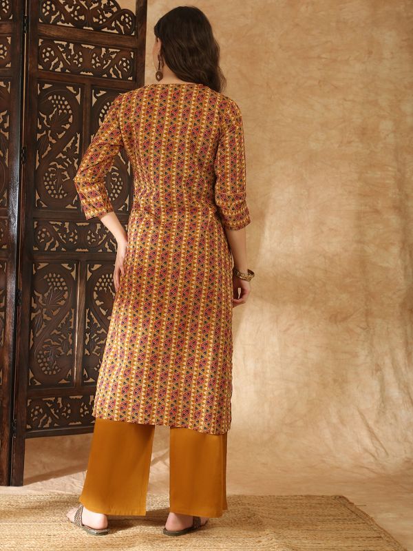Globus Women Mustard V-Neck Geometric Print Straight Kurta with Pants Set