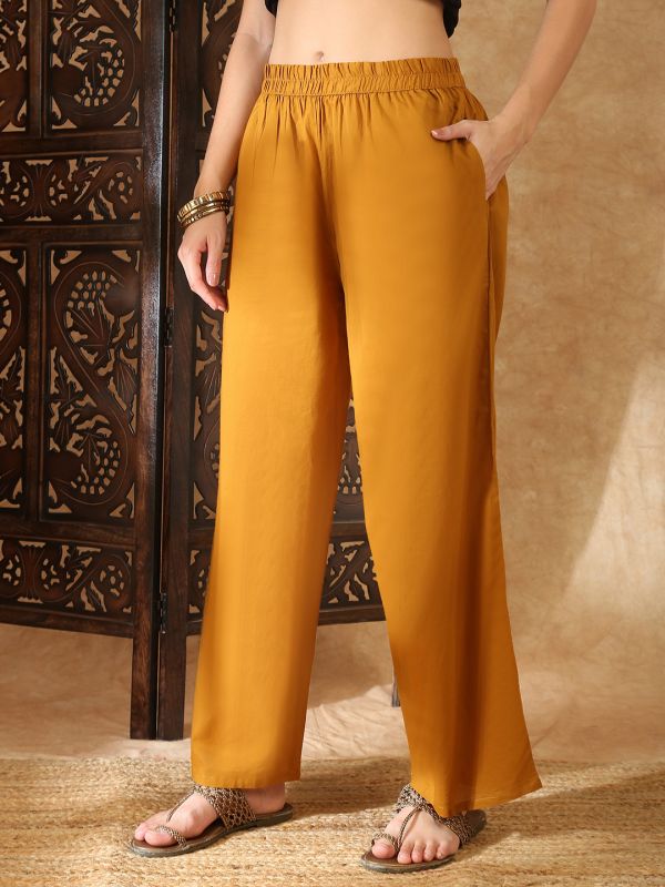Globus Women Mustard V-Neck Geometric Print Straight Kurta with Pants Set