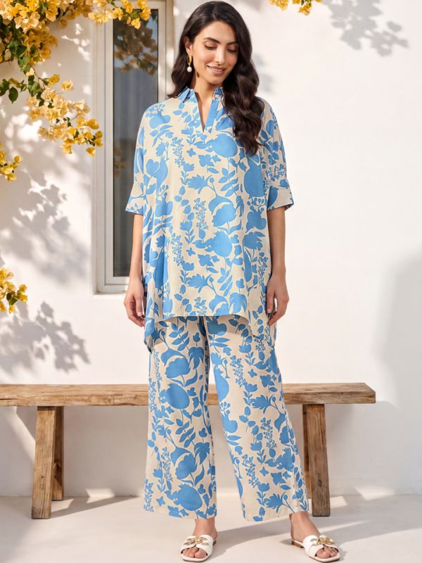 Globus Women Blue Shirt Collar Kimono Sleeves Floral Print Tunic With Pants Fusion Co-Ord Set
