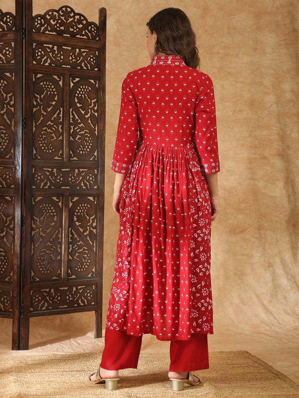 Globus Women Maroon V-Neck Floral Embroidered Alia Cut Flared Hem A-Line Kurta with Trouser Festive Set