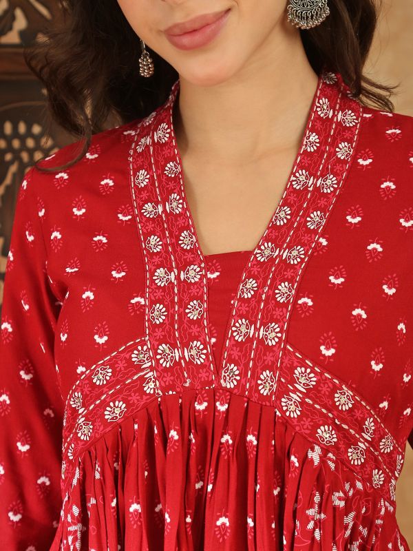 Globus Women Maroon V-Neck Floral Embroidered Alia Cut Flared Hem A-Line Kurta with Trouser Festive Set
