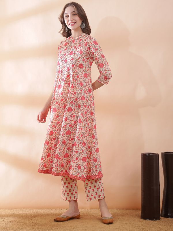 Globus Women Off White All Over Floral Print Round Neck Anarkali Kurta With Pant Set