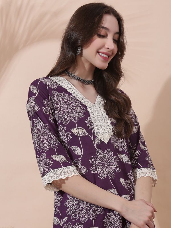 Globus Women Purple All Over Floral Print Lace Instert V-Neck Bell Sleeves Straight Kurta With Pant Set