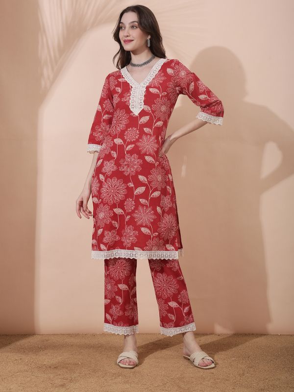 Globus Women Red All Over Floral Print Lace Instert V-Neck Bell Sleeves Straight Kurta With Pant Set