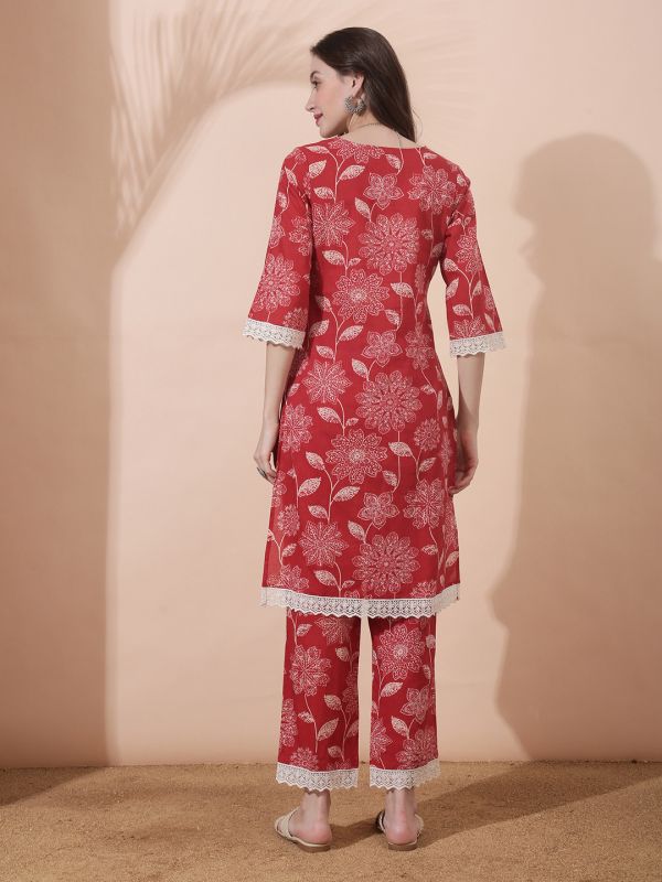 Globus Women Red All Over Floral Print Lace Instert V-Neck Bell Sleeves Straight Kurta With Pant Set