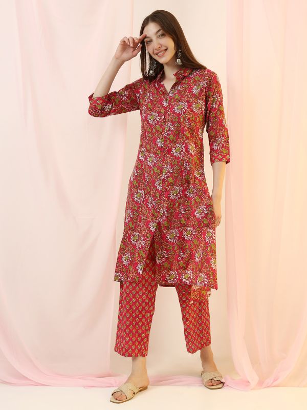 Globus Women Pink Collared Neck All Over Floral Print Thread Work Detail Straight Shirt Style Kurta with Pants Set