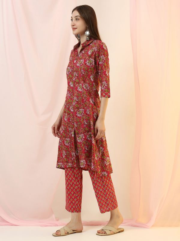 Globus Women Pink Collared Neck All Over Floral Print Thread Work Detail Straight Shirt Style Kurta with Pants Set