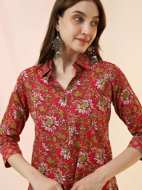 Globus Women Pink Collared Neck All Over Floral Print Thread Work Detail Straight Shirt Style Kurta with Pants Set