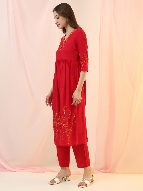 Globus Women Pink Embroidered V-Neck Gathered & Pleated Detail Flared Hem A-Line Kurta with Pants Set