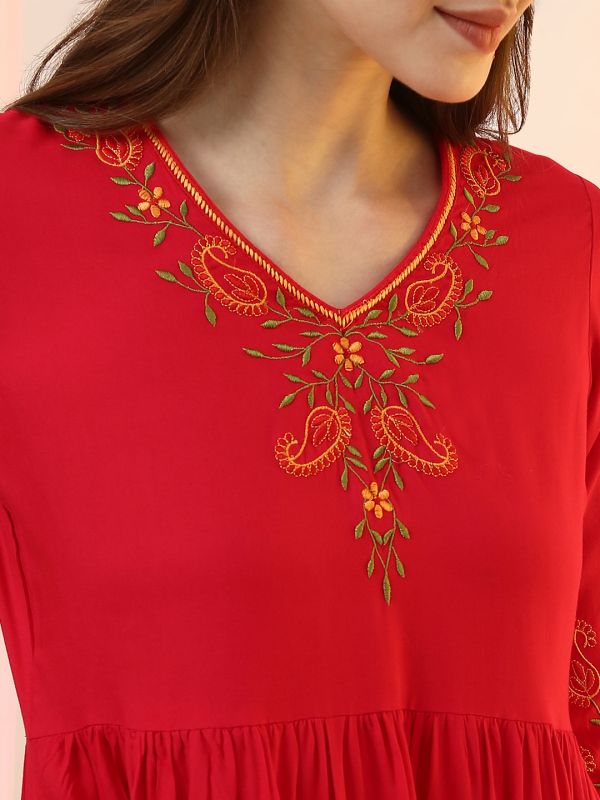 Globus Women Pink Embroidered V-Neck Gathered & Pleated Detail Flared Hem A-Line Kurta with Pants Set