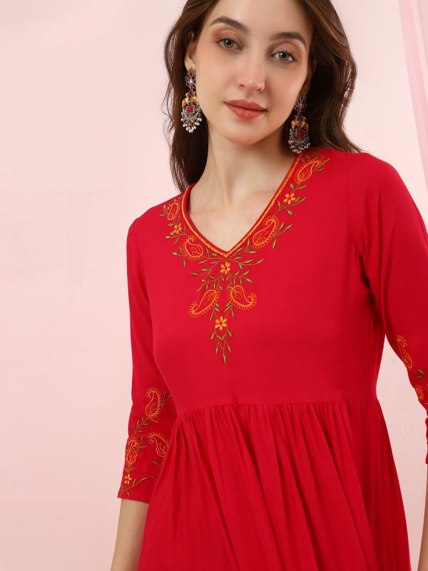 Globus Women Pink Embroidered V-Neck Gathered & Pleated Detail Flared Hem A-Line Kurta with Pants Set