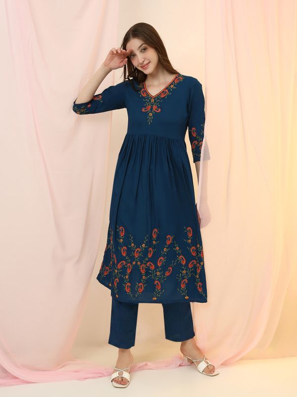 Globus Women Teal Embroidered V-Neck Gathered & Pleated Detail Flared Hem A-Line Kurta with Pants Set
