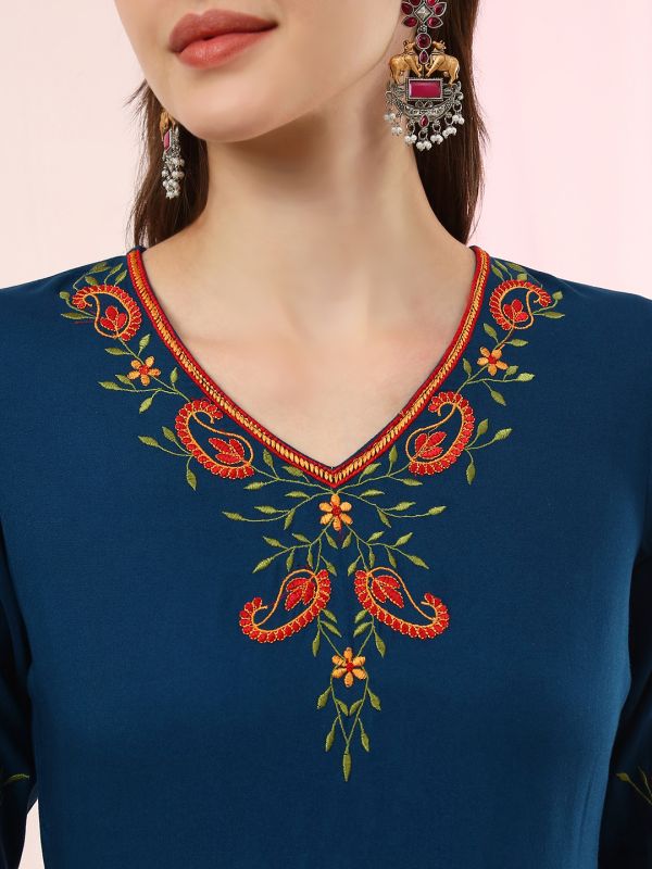 Globus Women Teal Embroidered V-Neck Gathered & Pleated Detail Flared Hem A-Line Kurta with Pants Set