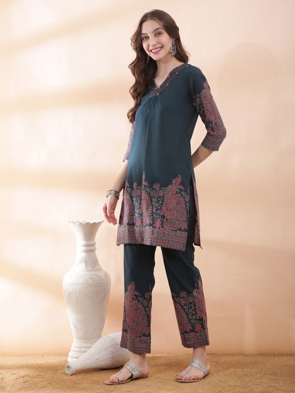 Globus Women Teal V-Neck Thread Embroidered Gathered Detail Paisley Printed Kurta With Printed Trouser Set