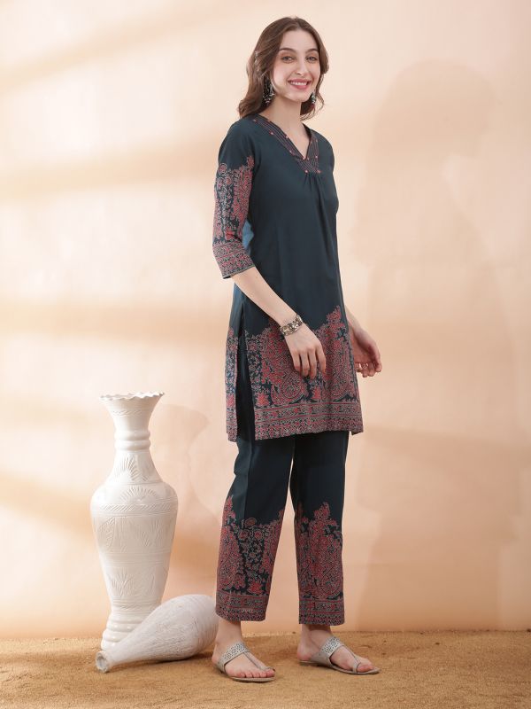 Globus Women Teal V-Neck Thread Embroidered Gathered Detail Paisley Printed Kurta With Printed Trouser Set