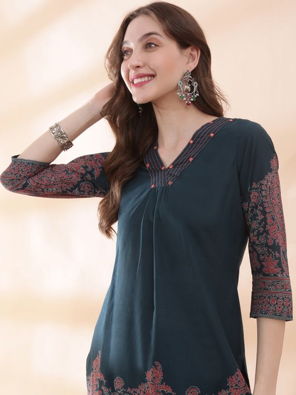 Globus Women Teal V-Neck Thread Embroidered Gathered Detail Paisley Printed Kurta With Printed Trouser Set