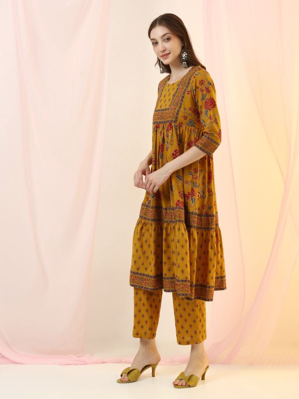 Globus Women Mustard Round Neck All Over Floral Print Flared Hem A-Line Kurta with Pant Set