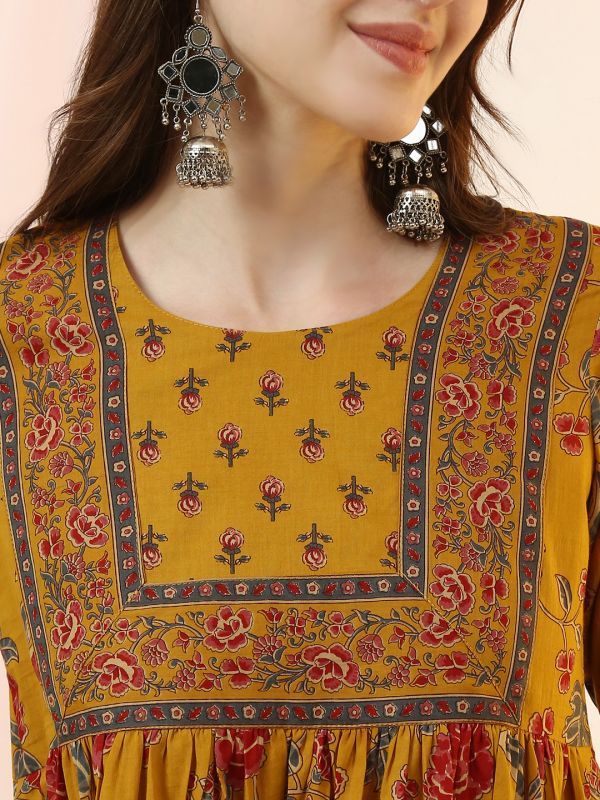 Globus Women Mustard Round Neck All Over Floral Print Flared Hem A-Line Kurta with Pant Set