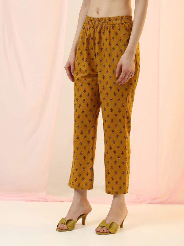 Globus Women Mustard Round Neck All Over Floral Print Flared Hem A-Line Kurta with Pant Set