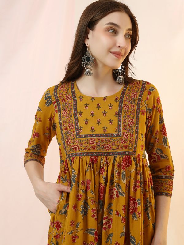 Globus Women Mustard Round Neck All Over Floral Print Flared Hem A-Line Kurta with Pant Set