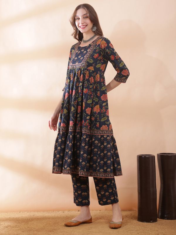 Globus Women Navy Blue Allover Floral Printed Gathered & Pleated Detail Fared Hem A-Line Kurta With Printed Pant Set