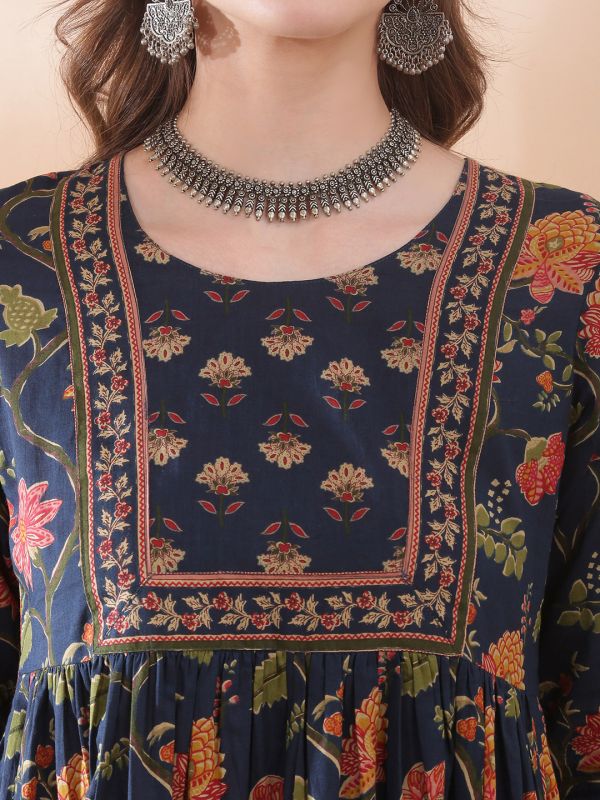 Globus Women Navy Blue Allover Floral Printed Gathered & Pleated Detail Fared Hem A-Line Kurta With Printed Pant Set