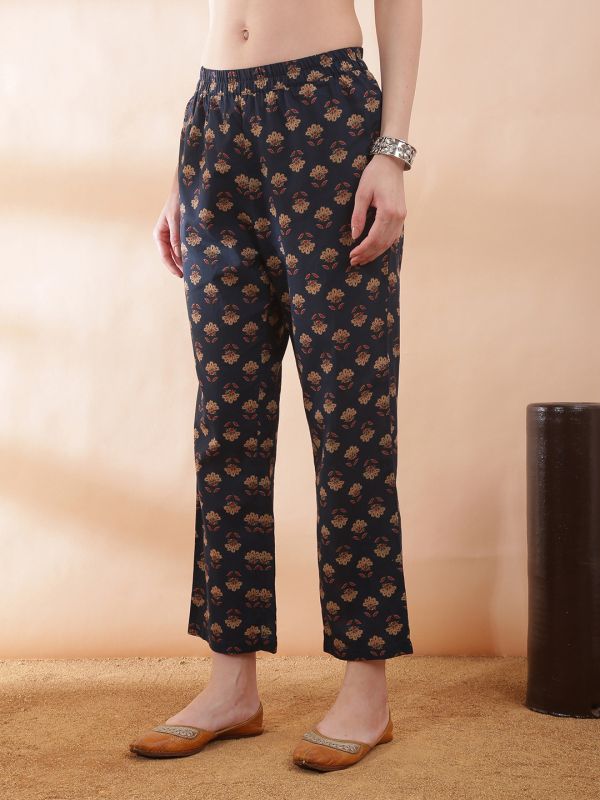 Globus Women Navy Blue Allover Floral Printed Gathered & Pleated Detail Fared Hem A-Line Kurta With Printed Pant Set