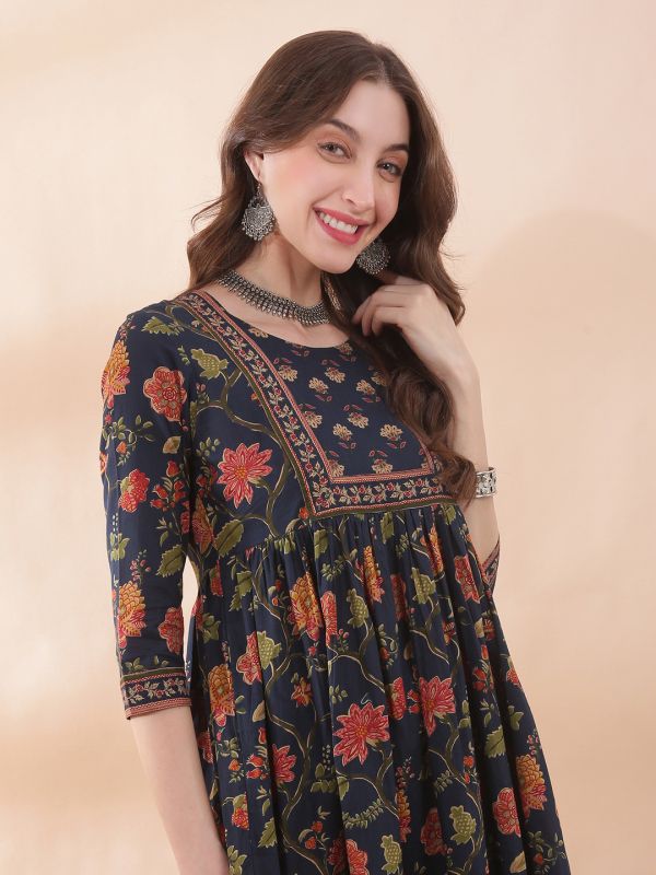 Globus Women Navy Blue Allover Floral Printed Gathered & Pleated Detail Fared Hem A-Line Kurta With Printed Pant Set